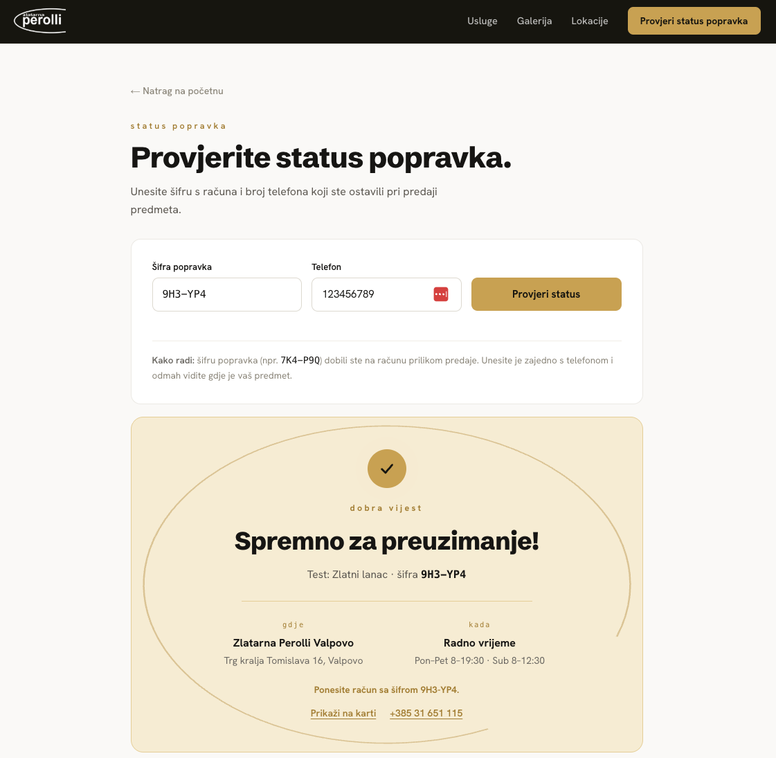 perolli.hr repair status page